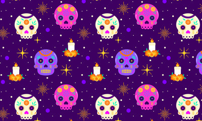Fondo con patrón de calaveras y veladoras mexicanas para el día de muertos. 