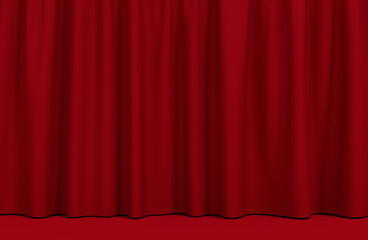 Raspberry curtains with satin gloss and red floor. Dark red drapes in the theatre, cinema or exhibition. 3d rendering illustration..