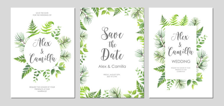 Greenery wedding invitation template. Invite card with place for text. Floral frame with pine, fern and wild herbs. Vector illustration.
