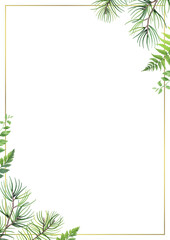 Obraz premium Greenery frame with pine, fern and wild herbs. Vector illustration.