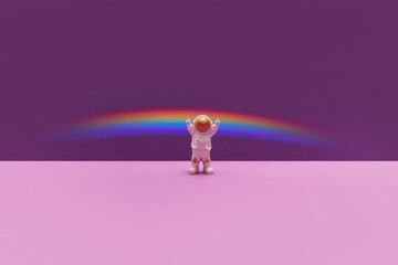 Little astronaut with abstract rainbow.