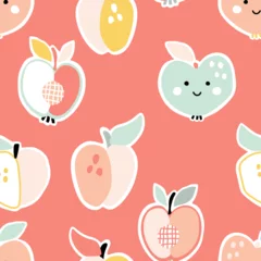 Rollo Smiling cartoon peaches stickers on pink background. Vector illustration of fruit characters for kitchen or nursery. Seamless pattern with cute food for use on textile or fabric © Valeriia Dorofeieva