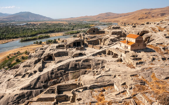Aerial view of Uplistsikhe. It is an ancient rock-hewn town in eastern Georgia