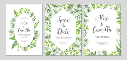 Greenery wedding invitation template. Invite card with place for text. Floral frame with pine, fern and wild herbs. Vector illustration.