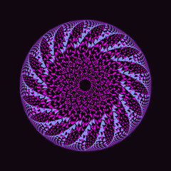 Abstract modern fractal neon purple pink 3d Circle pattern on black background. Luxury backdrop. Geometric wallpaper. Art glitch poster. Cover design. NFT card. template. Christmas metaverse. Sphere.