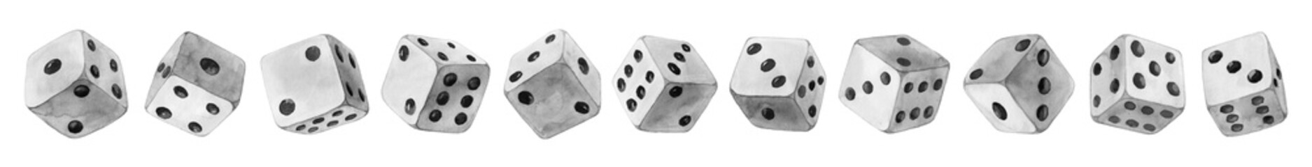 Watercolor set of black and white dice on white background - obrazy, fototapety, plakaty