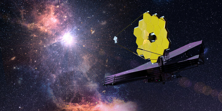 James Webb Space Telescope traveling and exploring deep space. 3D Illustration