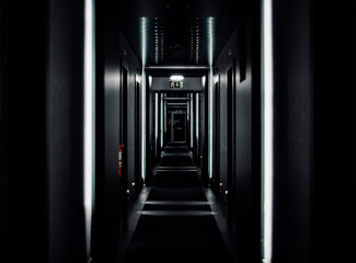 A low-key shot with a shallow depth of field of a black hotel corridor with a selective focus in the middle, with white vertical daylight lamps reflecting from the ceiling, an emergency exit sign