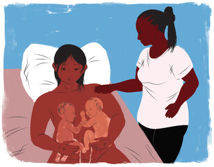 Mother holding newborn twins after childbirth labor with doula nearby - obrazy, fototapety, plakaty