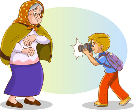 Young boy holding photo camera and taking pictures.boy taking photo of old woman.