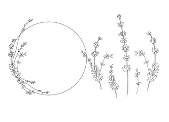 Lavender lineart set on white background. Lavender wreath flowers tattoo. Wedding design elements