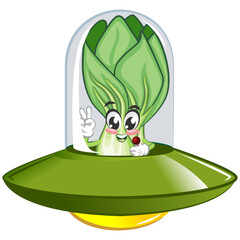 vector illustration of cartoon character of flying lettuce with ufo