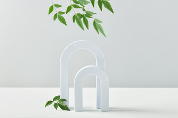 Cosmetic art deco arch display in pastel color for product presentation