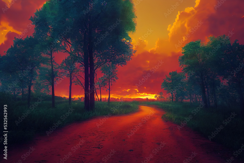Poster summer sun sunset with a road running along forest trees and green fields under an evening sky with 