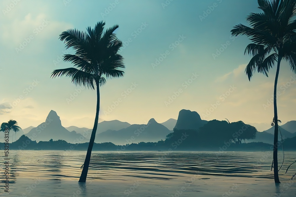 Poster seascape with mountains on the horizon and lonely tall palm trees standing in the water under a clou