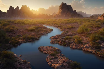 Fluss in einer felsigen Wüste mit Felsen und Pflanzen unter blauem Himmel mit Wolken 3D-Darstellung © Zaleman