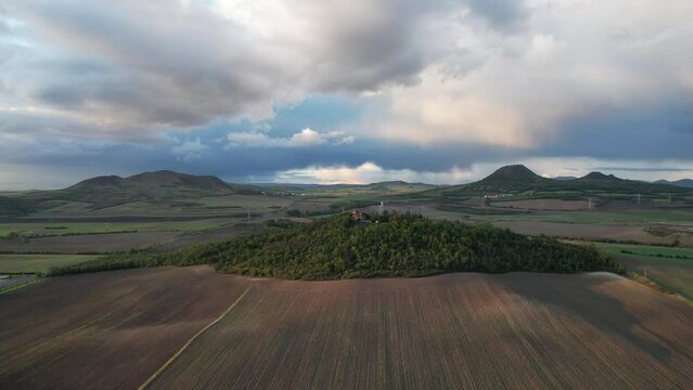 Ceske Stredohori aerial panorama landscape view from lookout tower Stribrnik, Rozhledna Stř&iacute;brn&iacute;k (Frotzelova rozhledna), scenic nature view of beautiful mountain range
