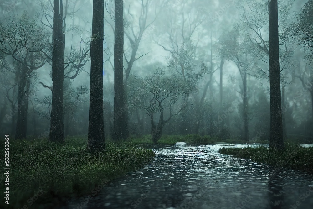 Sticker Forest with trees and green grass in heavy rain and puddles on the way 3d illustration