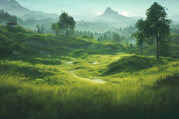 Summer landscape with mountains in the distance, green grass, trees, bushes, path 3d illustration