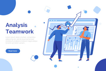 Analysis teamwork concept. Business website landing page template. People work with financial data for business development. Colleagues analyze statistical indicators. Successful work with project