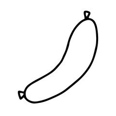A sausage drawn in the Doodle style.Outline drawing by hand.Black and white image.Monochrome.Delicious food.Meat semi-finished products.Coloring.