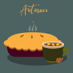 Autumn card design with a Hot  Pumpkin Pie and Cup of Tea of lemon 