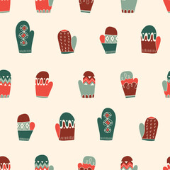 Colorful Retro Knitted MittensVector Seamless Pattern. Hand Daawn Fair Isle Knitwear Graphic Print. Winter Holiday Background. Red and White Christmas Doodle Design