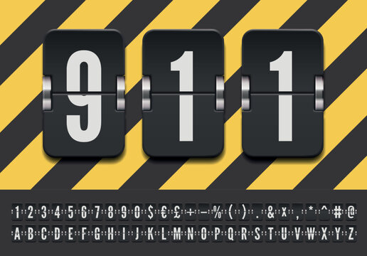 Black terminal mechanical scoreboard font to display emergency numbers vector illustration. Airport flip board alphabet for showing flight departure or arrival information.