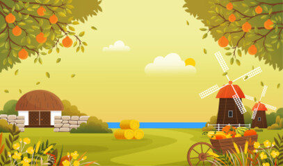 Farmyard, ecological farm vector illustration. Organic farming, traditional agriculture and growing vegetables concept. Farm landscape with mill and barn. Farmland in autumn harvest season.