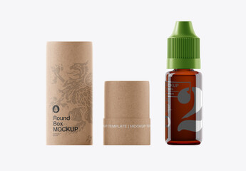 Amber Glass Dropper Bottle with Kraft Tube Mockup