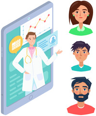 Fototapeta premium Online medical support doctor consultation app. People chat with doctor online via smartphone. Application for medical diagnosis, treatment. Neutral face expressions of characters on consultation