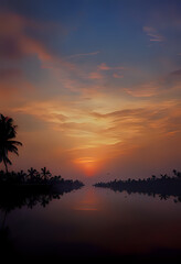Landscape of a river with a sunset and vegetation