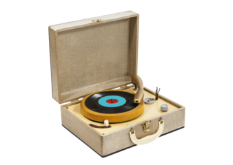 Little vintage record player in box case isolated.