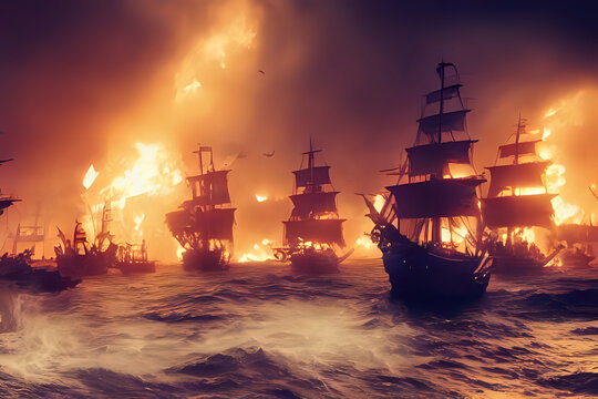 Battle at sea with ships and fire