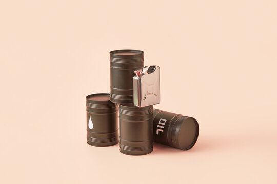 Aluminum jerrycan on pile of oil barrels.