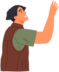 Young guy standing and looking at something. Guy holding hand up. Portrait of cartoon character in casual style. Smiling man with raised hand isolated at white background. Person stands in pose
