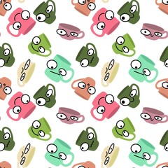 Doodle cartoon seamless tea coffee cups pattern for menu and kids clothes print and wrapping and kitchen and fabrics