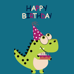 Happy Birthday greeting card with a cute flat design Dinosaur with a Cake and party hat. Ideal for posters, postcards, invitations, and banners.