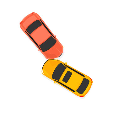 Car Accident Speed Crash Vector Top View Cartoon Icon. Car Crash Concept Illustration