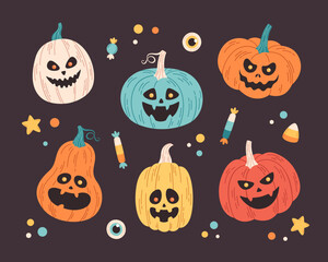 Halloween pumpkins collection, Jack o'lantern. Happy Halloween, trick or treat. Halloween elements. Hand drawn vector illustration