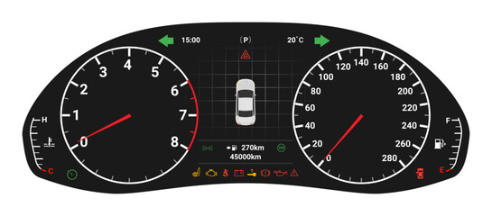 Car digital dashboard speedometer display fuel panel. Car cluster dashboard panel vector design template - obrazy, fototapety, plakaty