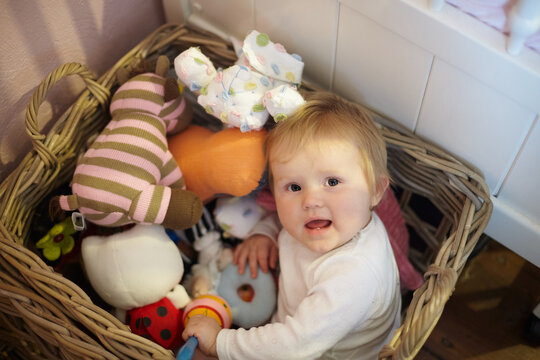 Baby girl sitting in a basket with her soft toys