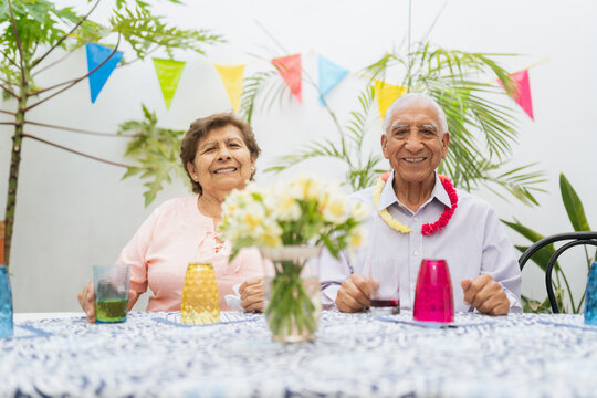 Camera-aware senior couple in a garden party