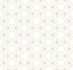 Abstract geometric seamless pattern in traditional Arabian style. Golden vector ornament with thin lines, oriental mosaic, floral grid. Minimal gold and white background. Elegant repeat floral design