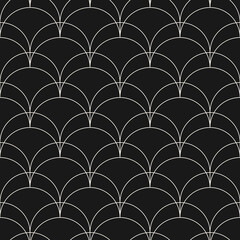 Vector geometric linear pattern. Art deco style background with thin curved lines, fish scale ornament, grid, lattice. Elegant black and white abstract texture. Dark minimal monochrome geo design