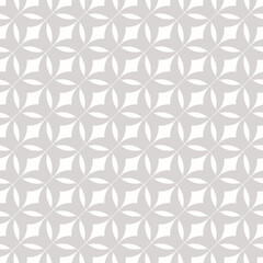 Gray and white vector geometric seamless pattern. Abstract monochrome texture with diagonal grid, mesh, net, lattice, curved shapes, interlocking elements. Subtle modern background. Repeat design