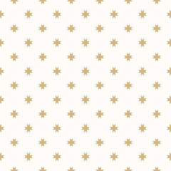 Vector geometric seamless pattern with golden stars, flower silhouettes, crosses. Simple abstract floral ornament. White and gold ornate background. Christmas decor texture. Repeat luxury geo design