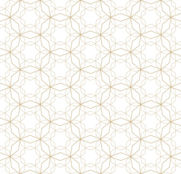 Abstract geometric seamless pattern in traditional Arabian style. Golden vector ornament with thin lines, oriental mosaic, floral grid. Minimal gold and white background. Elegant repeat floral design