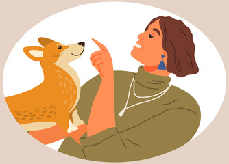 Pet owner female character plays with dog strokes his fur with hand. Caring for four-footed friend cute corgi. Doggy and happy woman friends isolated on white. Fun domestic animal, human companion