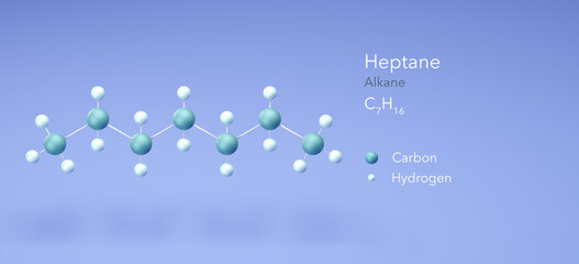 heptane, molecular structures, alkane, 3d model, Structural Chemical Formula and Atoms with Color Coding